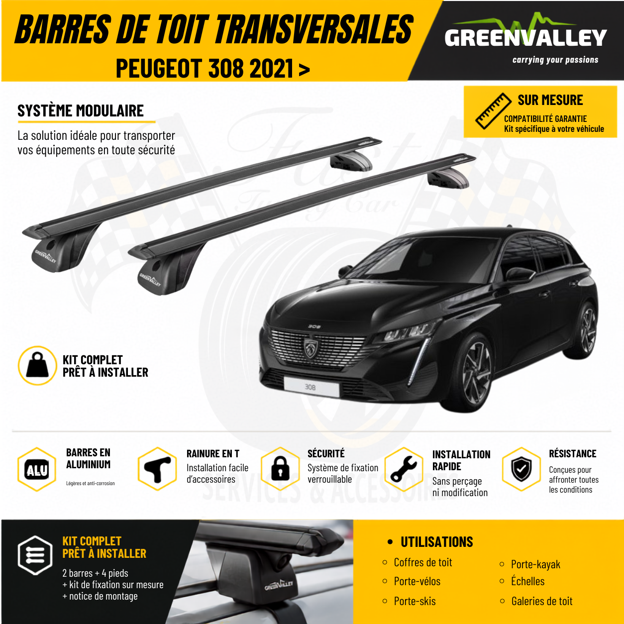 Barres de toit transversales Green Valley noir pour Peugeot 308 2021 >