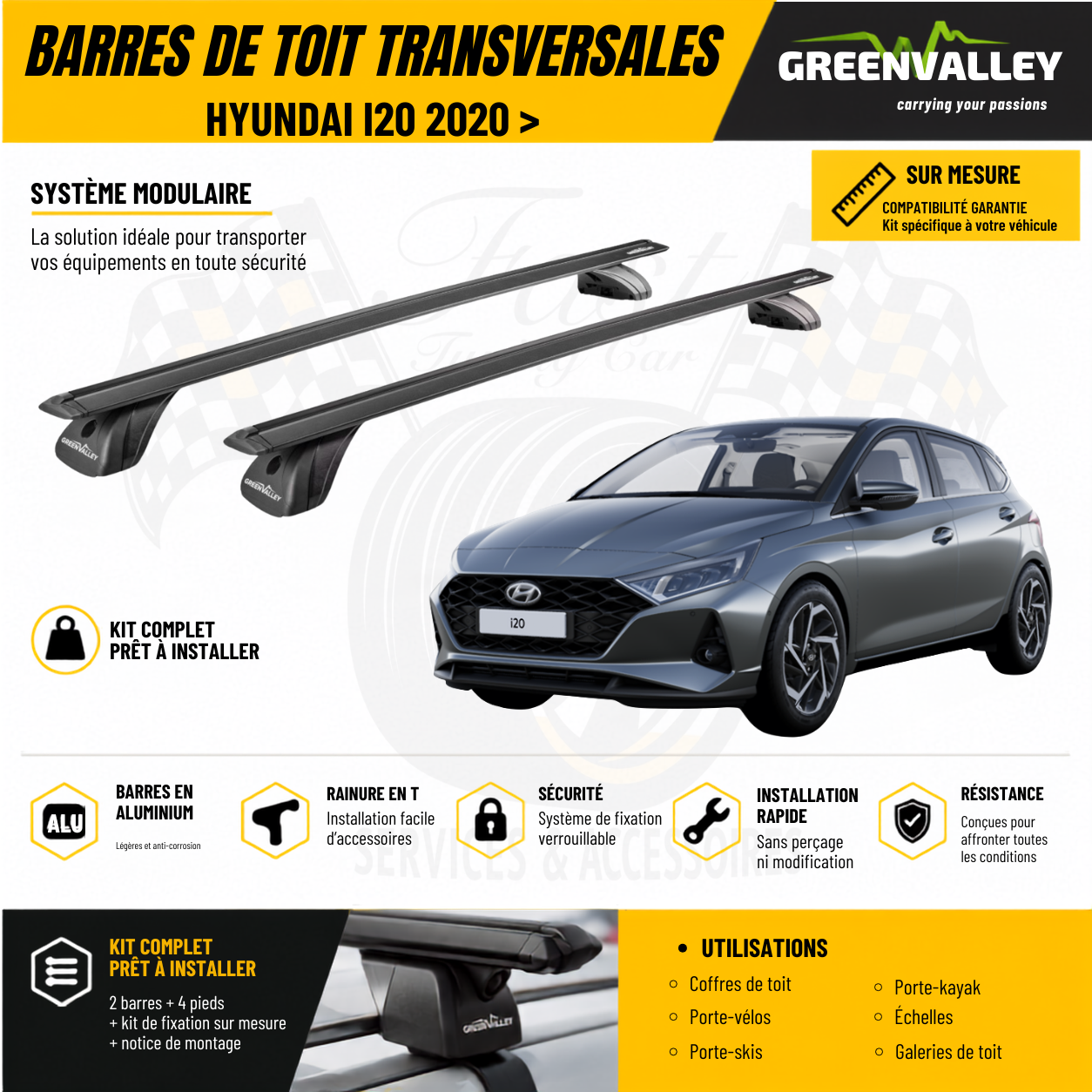 Barres de toit transversales Green Valley noir pour Hyundai i20 2020 >