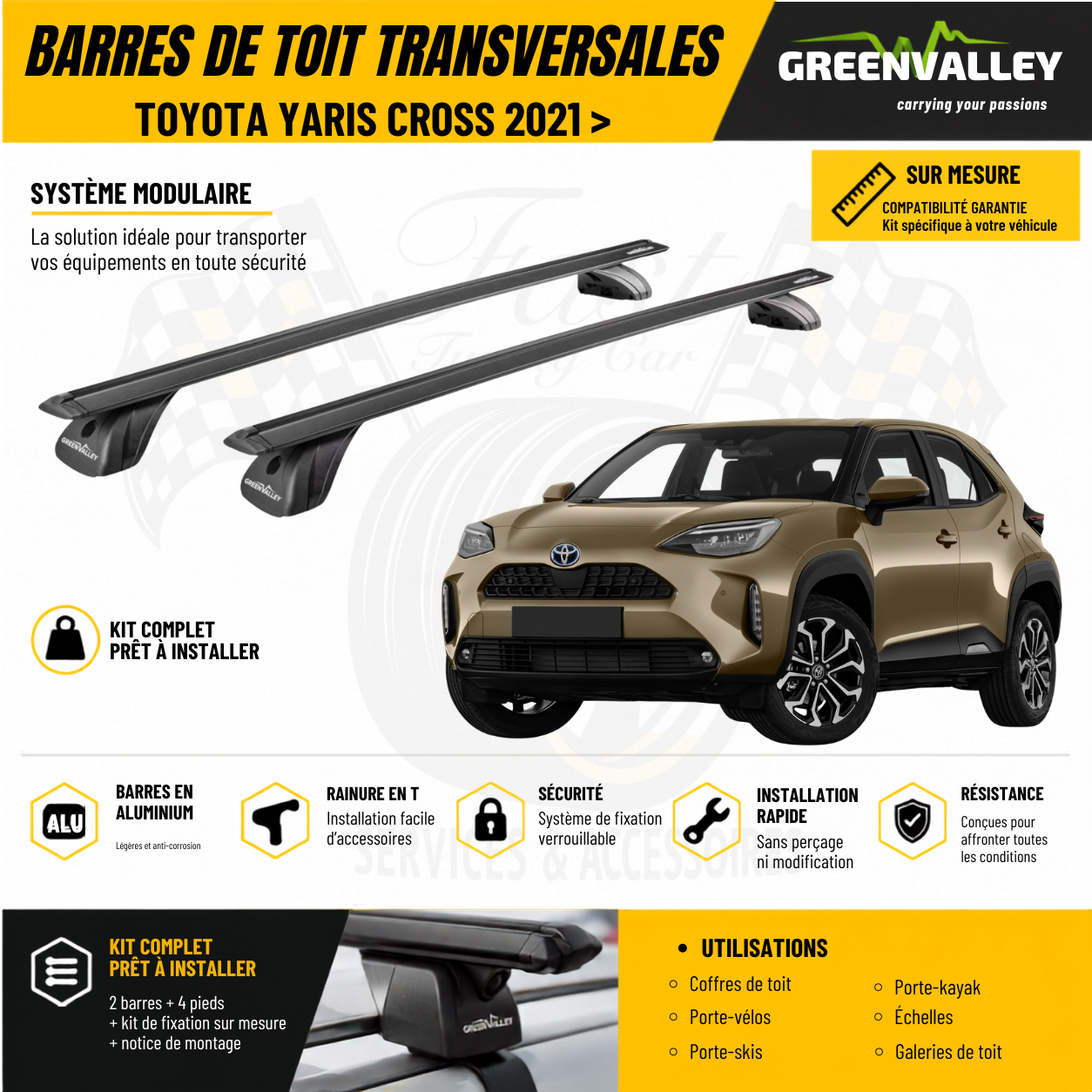 Barres de toit transversales Green Valley noir pour Toyota Yaris Cross 2021 >
