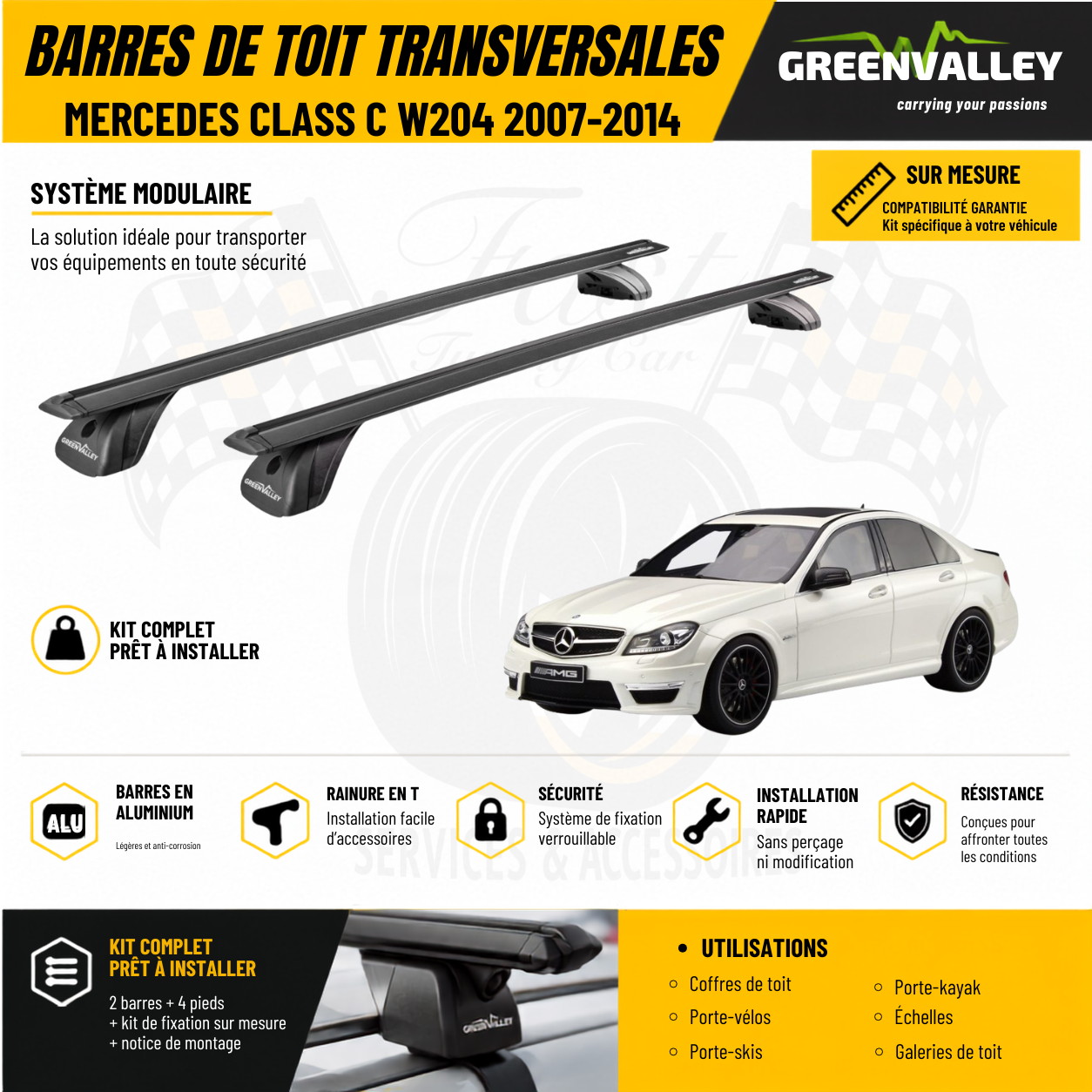 Barres de toit transversales Green Valley noir pour Mercedes Class C W204 2007-2014