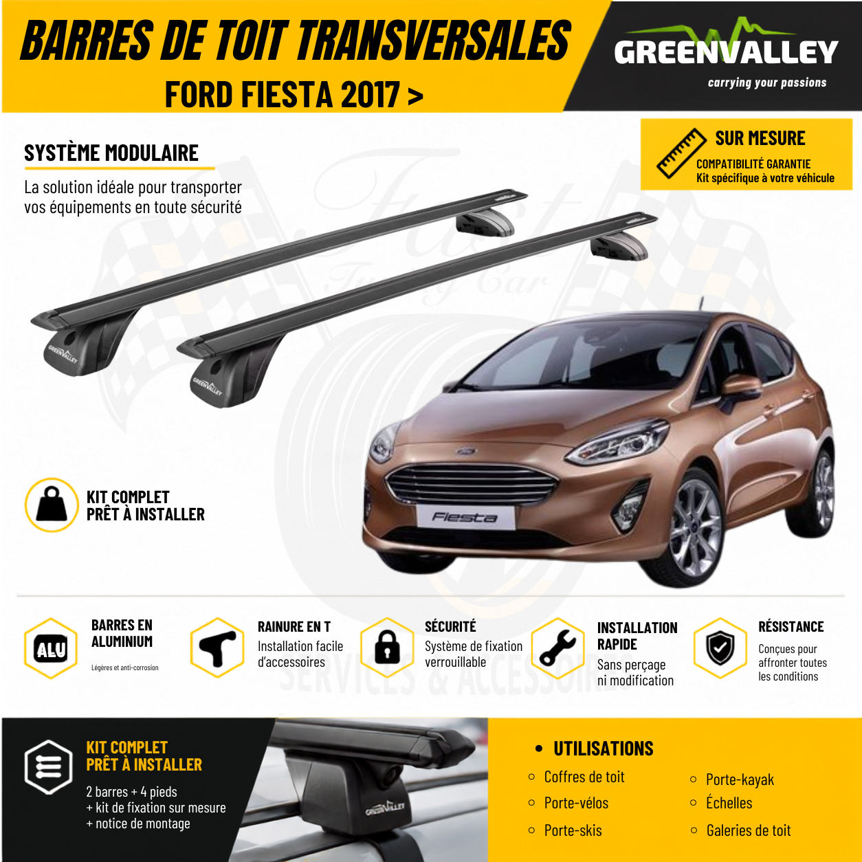 Barres de toit transversales Green Valley noir pour Ford Fiesta 2017 >
