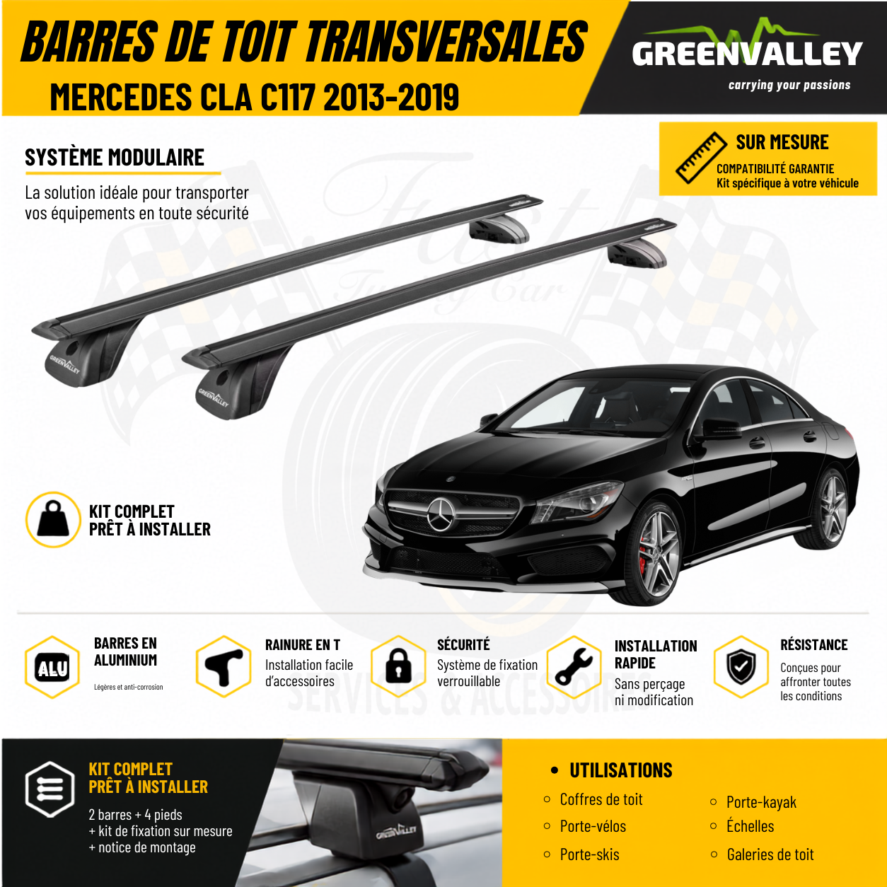 Barres de toit transversales Green Valley noir pour Mercedes CLA C117 2013-2019