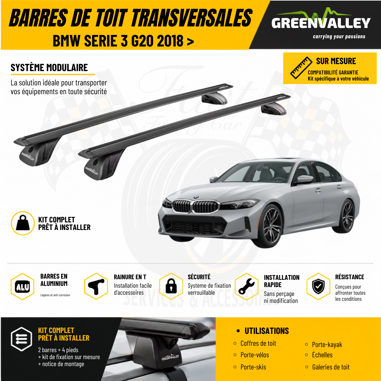 Barres de toit transversales Green Valley noir pour BMW Série 3 G20 2018 >