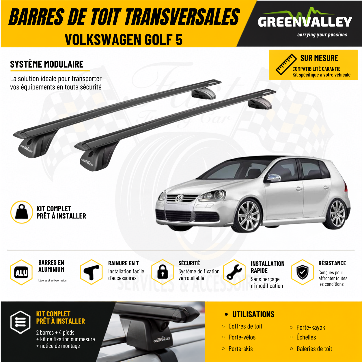 Barres de toit transversales Green Valley noir pour Volkswagen Golf 5
