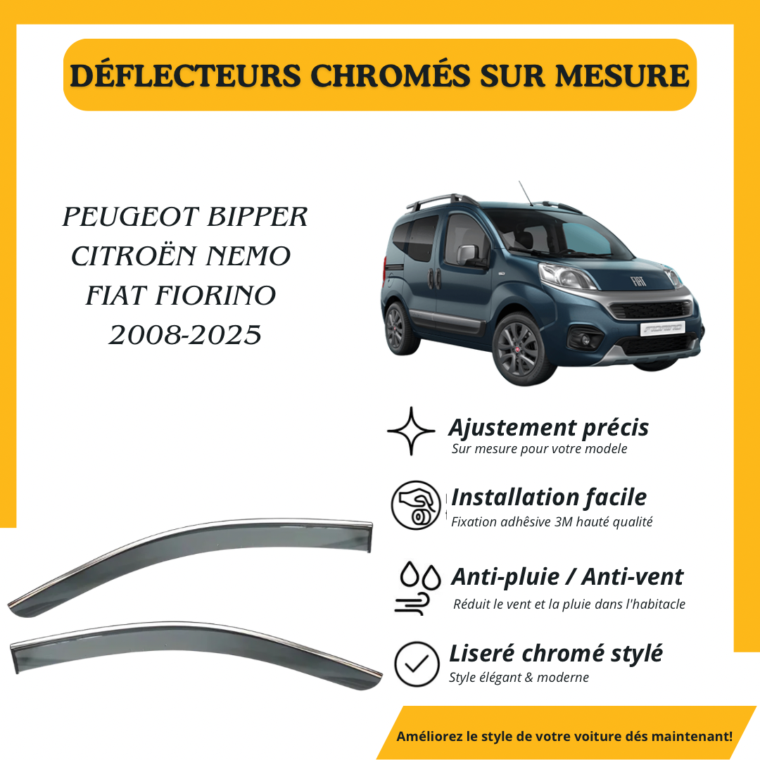 Déflecteur d’air noir et chromé Peugeot Bipper Citroën Nemo Fiat Fiorino 2008-2025