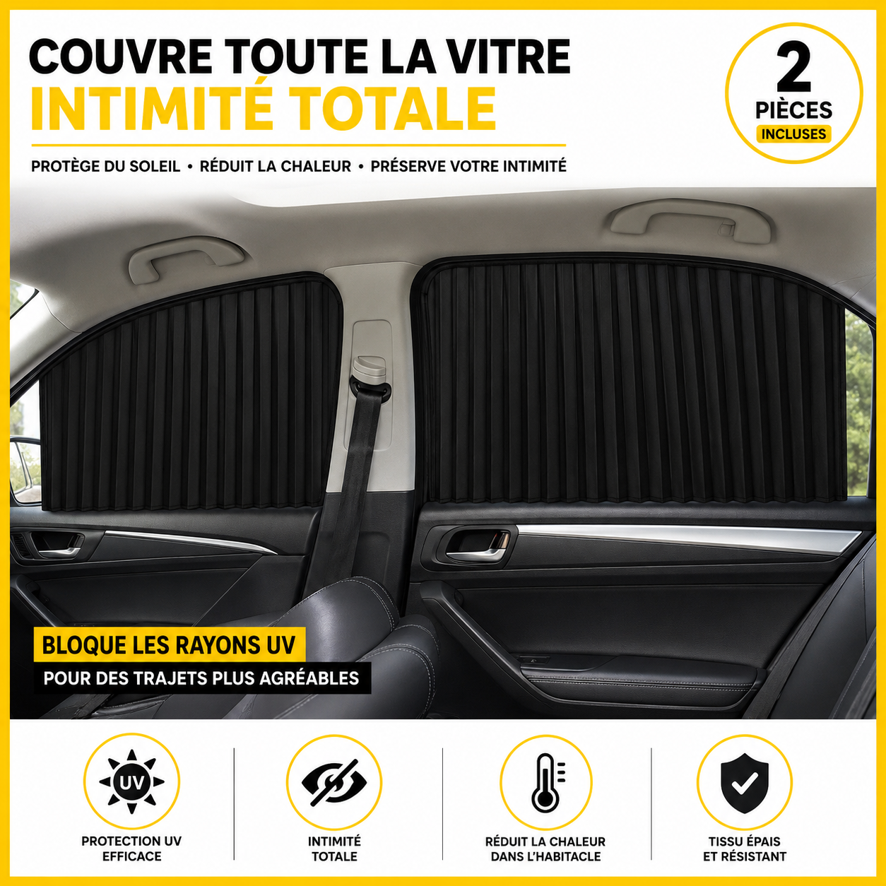 Rideaux Latéraux Magnétiques pour Voiture – 2 Pièces – Taille L (47 à 53 cm) – Protection Solaire UV