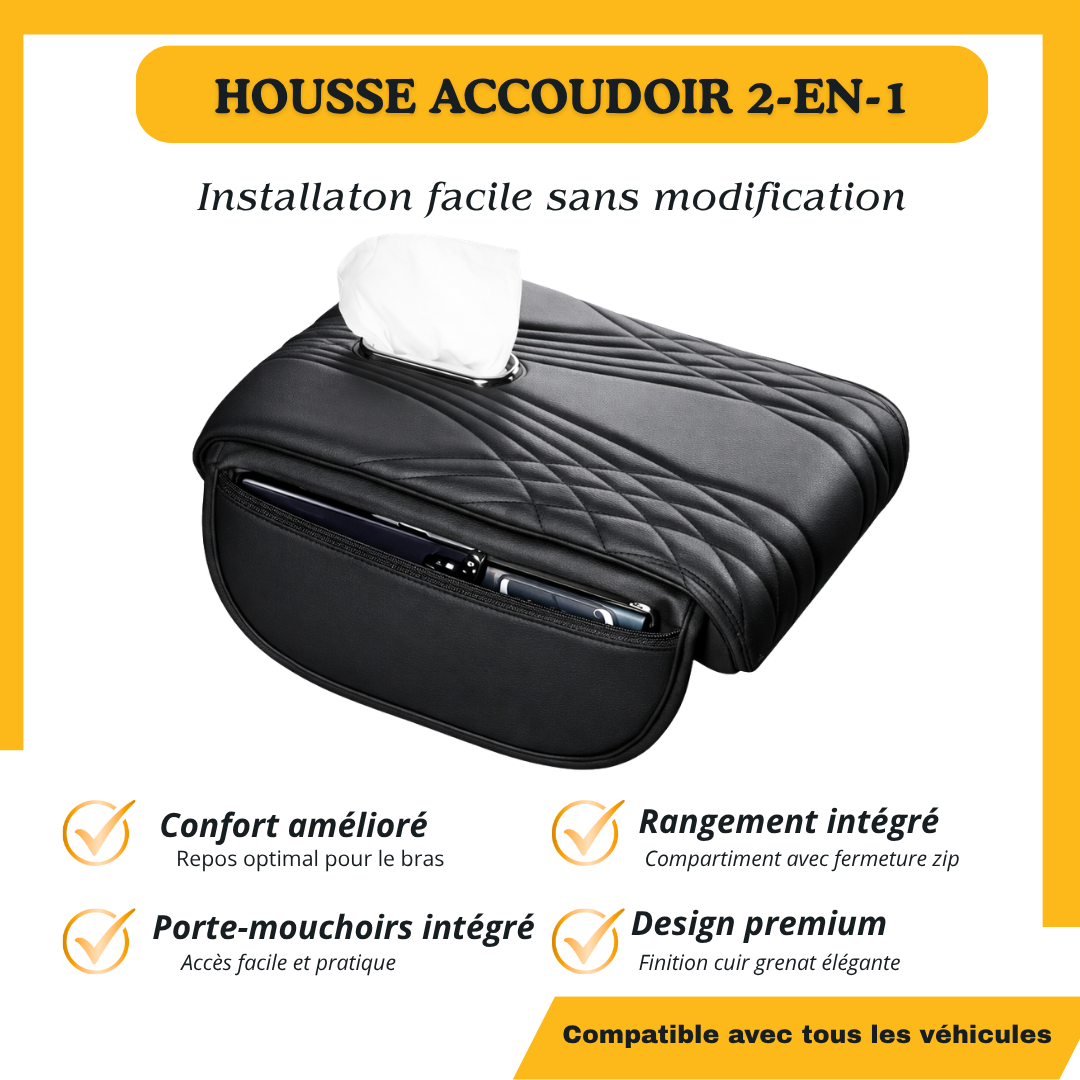 Housse Accoudoir Voiture 2-en-1 Universelle avec Porte Mouchoirs – Confort & Rangement