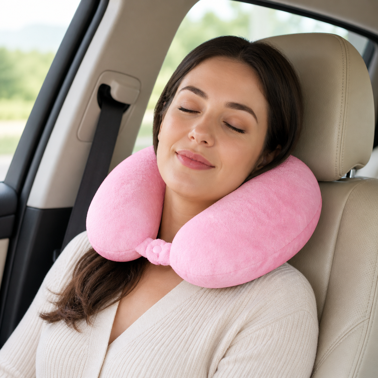 Coussin Repose-Tête Voiture rose en Mousse Mémoire – Confort Voyage & Maintien du Cou