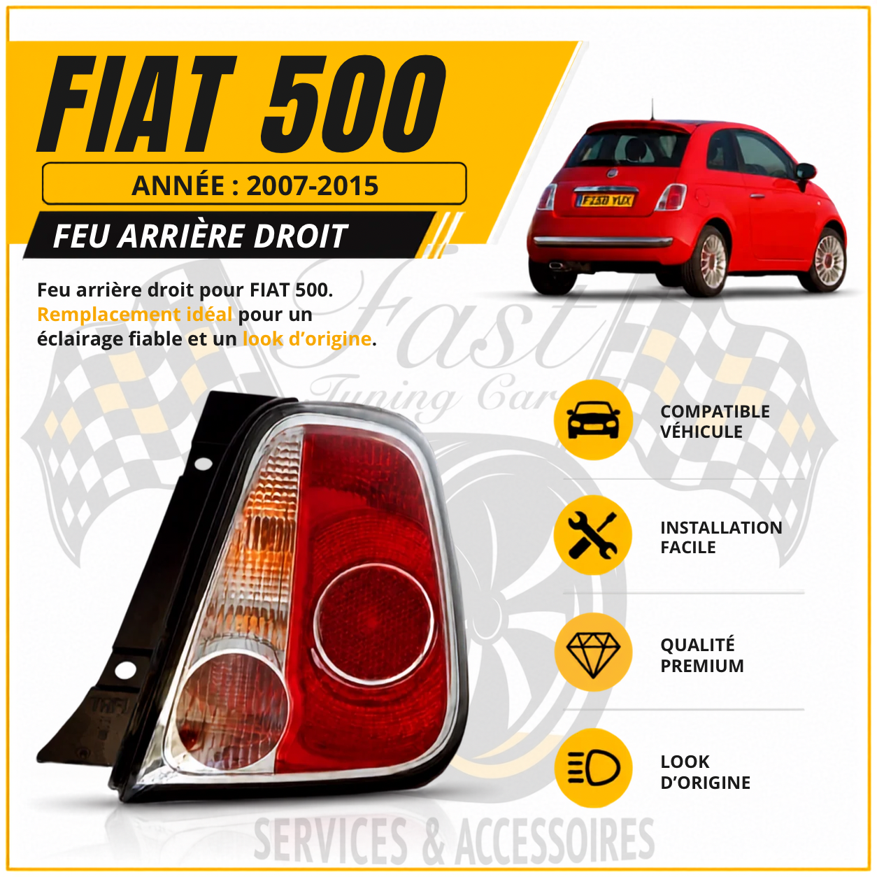 Feu arrière droit pour fiat 500 phase 1, 2007-2015, neuf