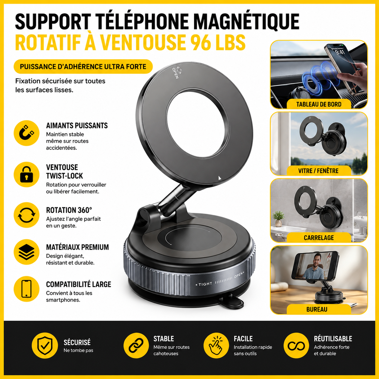 Support Magnétique Voiture 360° – Aspiration Forte, Pliable et Réglable pour Smartphone & GPS