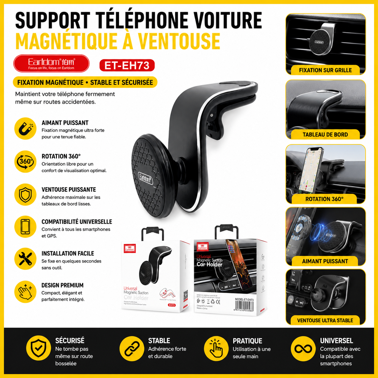 Support Téléphone Magnétique Voiture – Earldom ET-EH73 | Rotation 360° Universelle