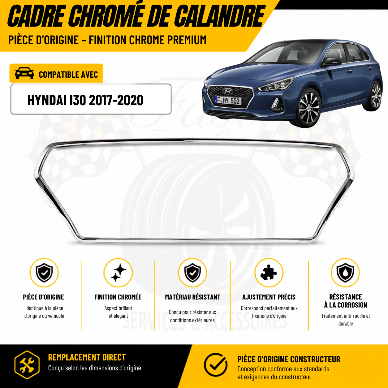 Cadre chromé de calandre avant d’origine pour Hyundai i30 2017–2020