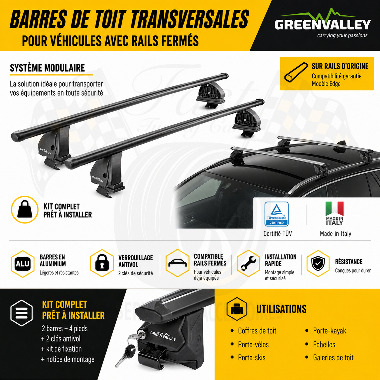 Barres de toit transversales Green Valley Edge noires pour véhicules avec rails fermés