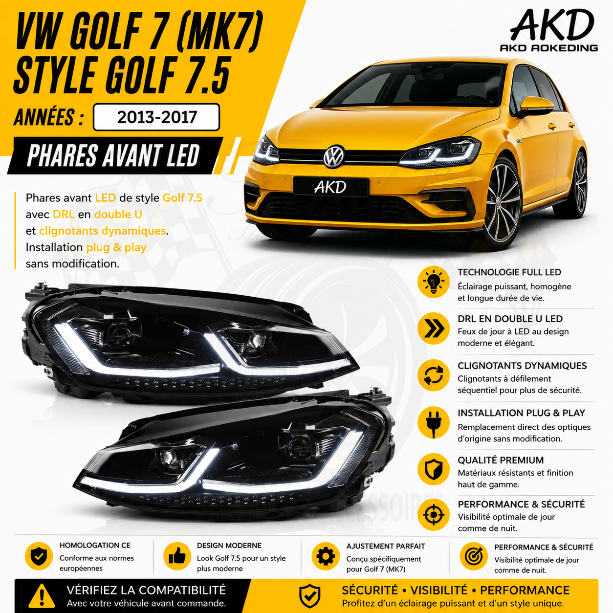 Phares avant LED AKD style Golf 7.5 – Volkswagen Golf 7 2013-2017