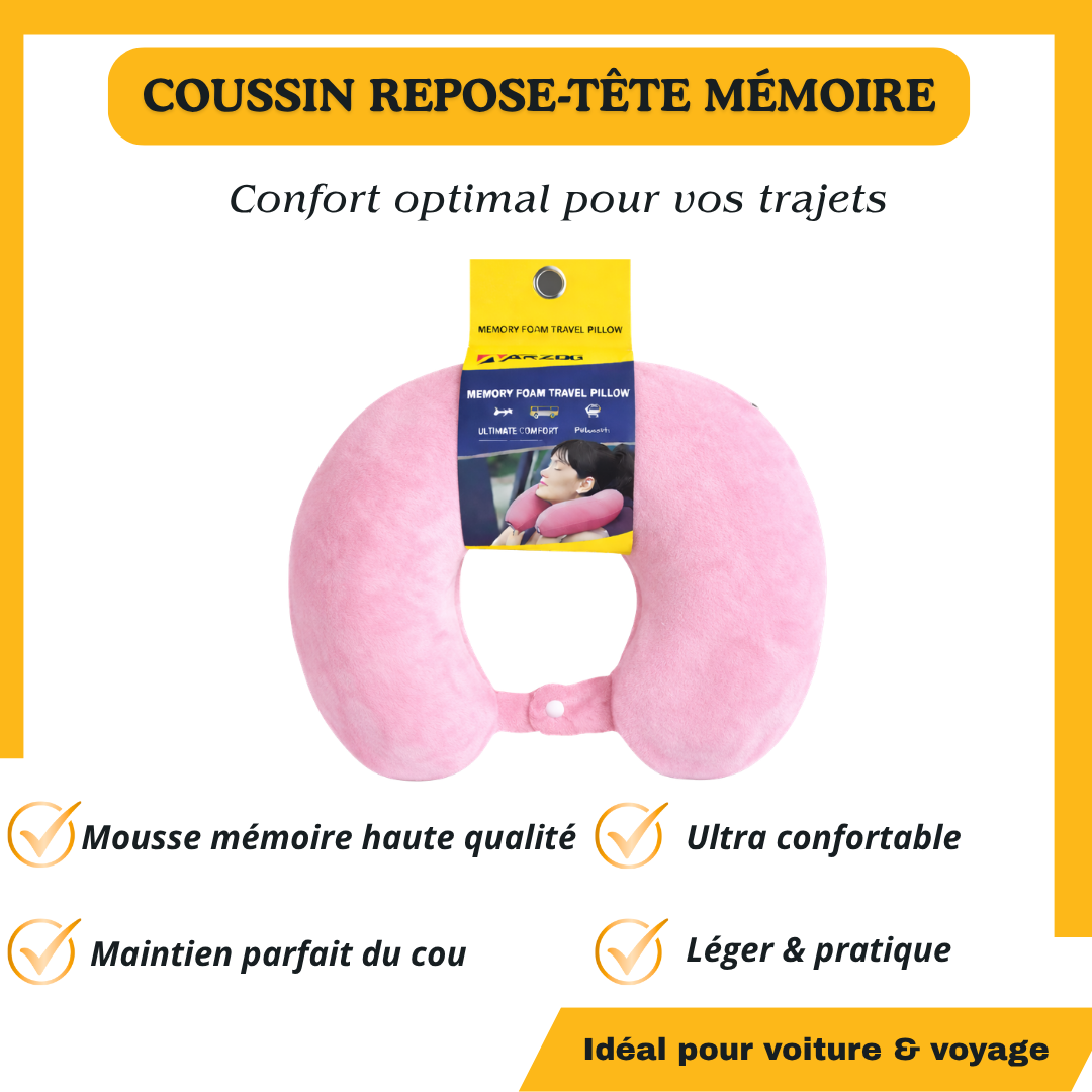 Coussin Repose-Tête Voiture rose en Mousse Mémoire – Confort Voyage & Maintien du Cou
