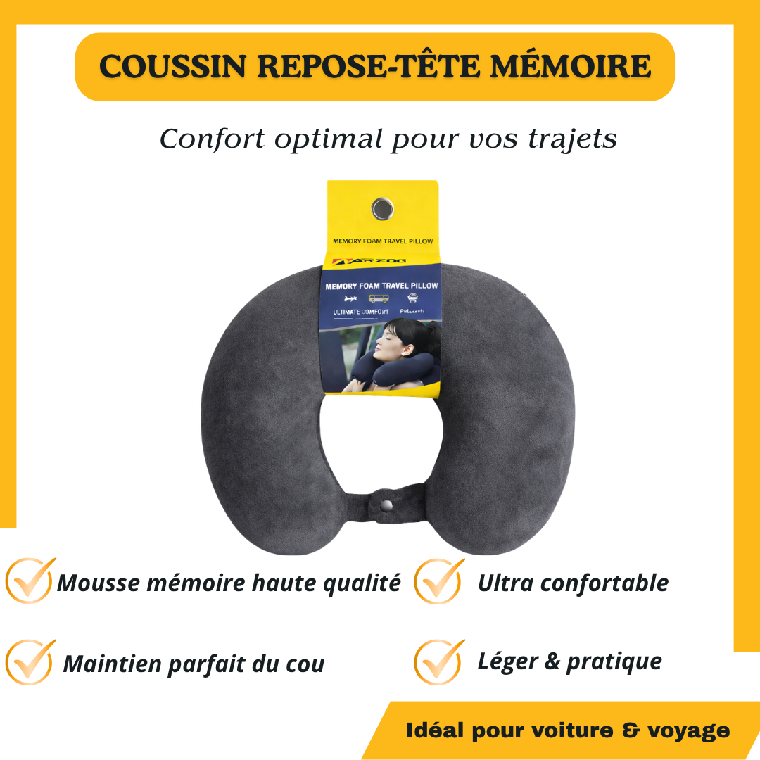 Coussin Repose-Tête Voiture gris en Mousse Mémoire – Confort Voyage & Maintien du Cou