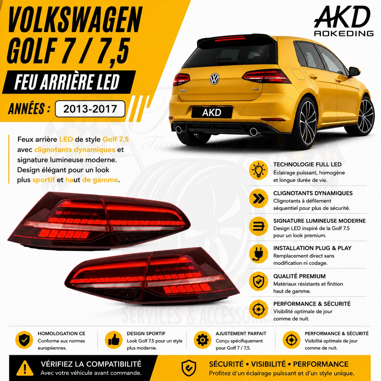 Feux arrière LED AKD style Golf 7.5 pour Volkswagen Golf 7 2013-2017