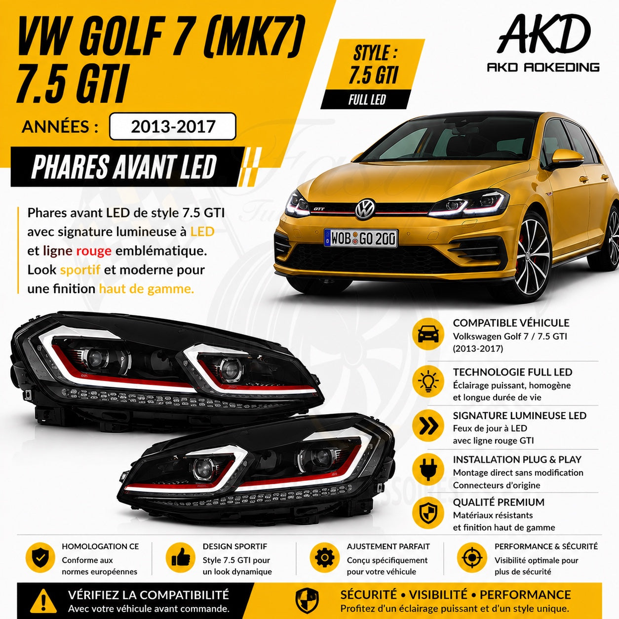 Optiques avant LED AKD style Golf 7.5 GTI pour Volkswagen Golf 7