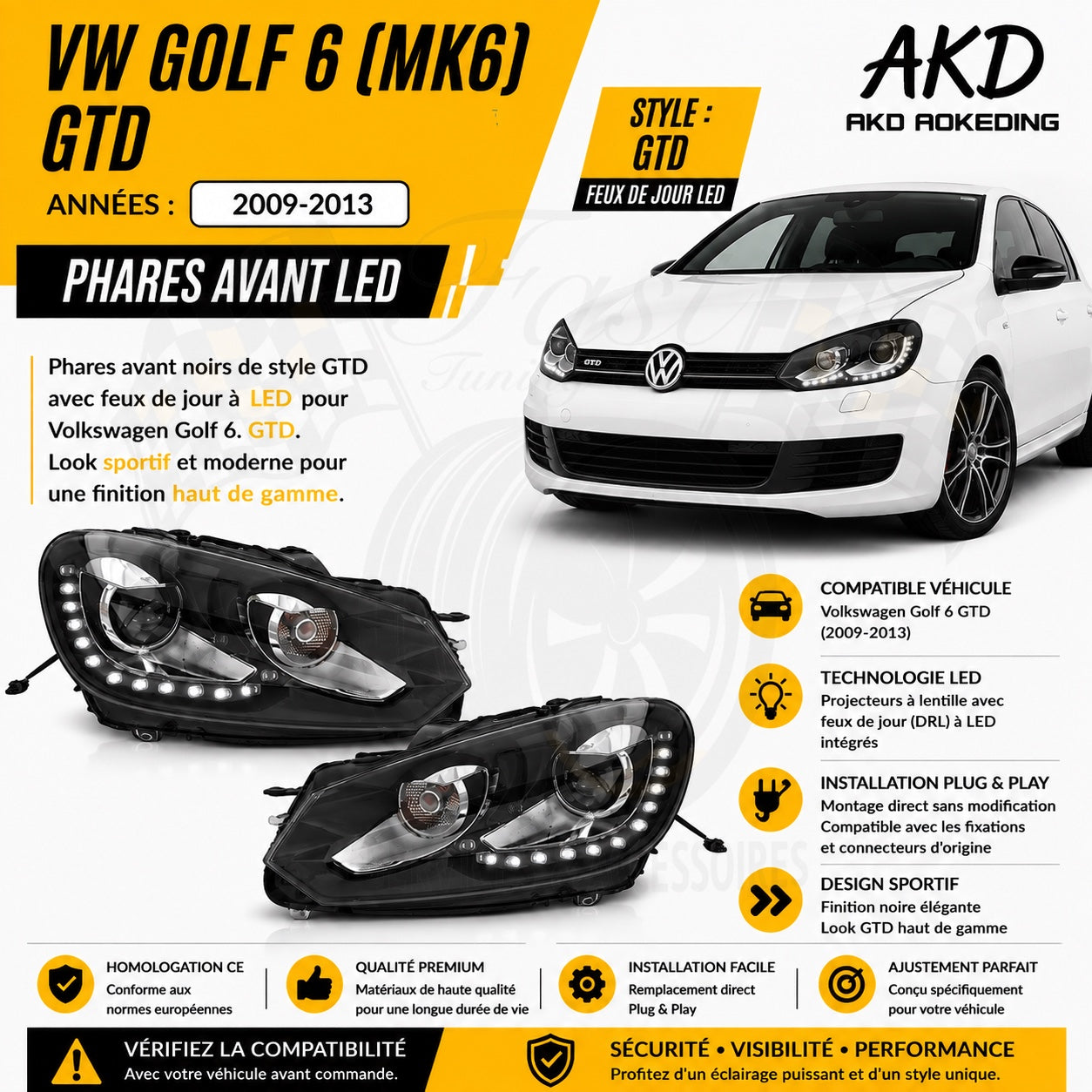 Phares avant LED AKD style GTD Volkswagen Golf 6 2009-2013