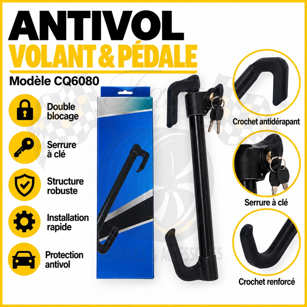 Antivol volant et pédale CQ6080 avec serrure à clé et crochets renforcés