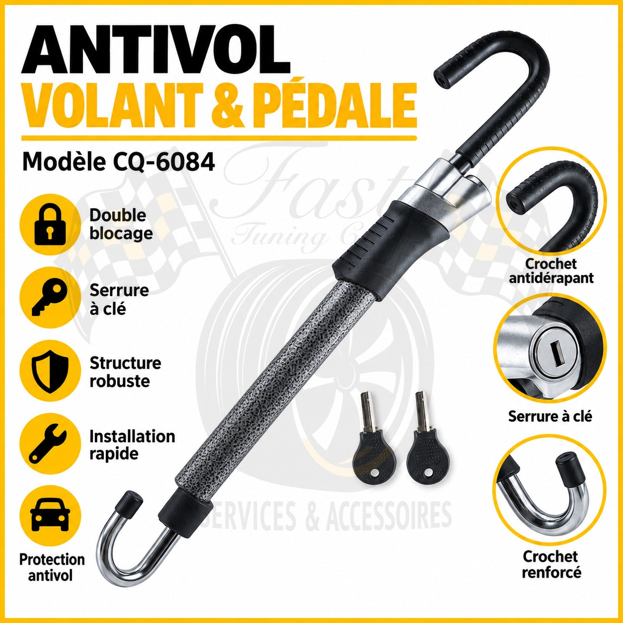 Antivol volant et pédale CQ-6084 avec serrure à clé et crochets renforcés