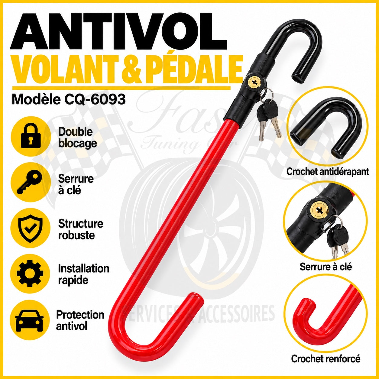 Antivol volant et pédale CQ-6093 rouge et noir avec serrure à clé
