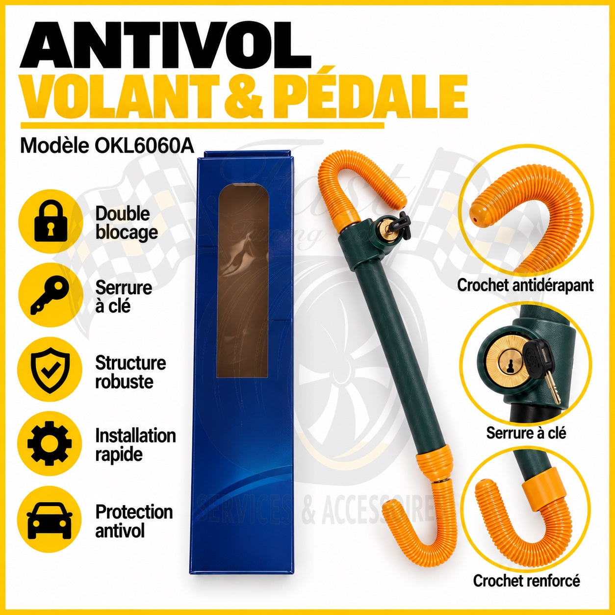 Antivol volant et pédale OKL6060A avec serrure à clé et crochets renforcés