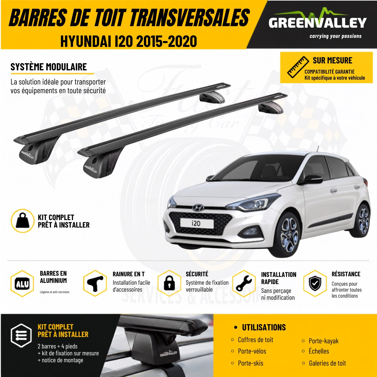 Barres de toit transversales Green Valley pour Hyundai i20 2015 à 2020