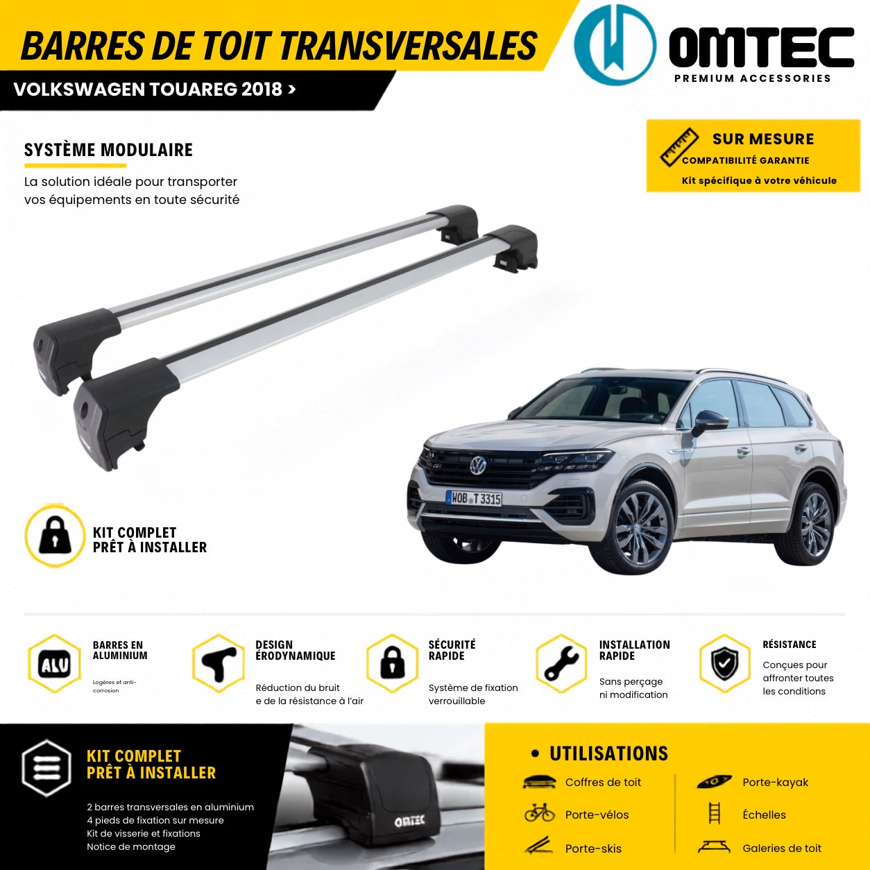 Barres de toit transversales OMTEC Volkswagen Touareg CR 2018 et plus