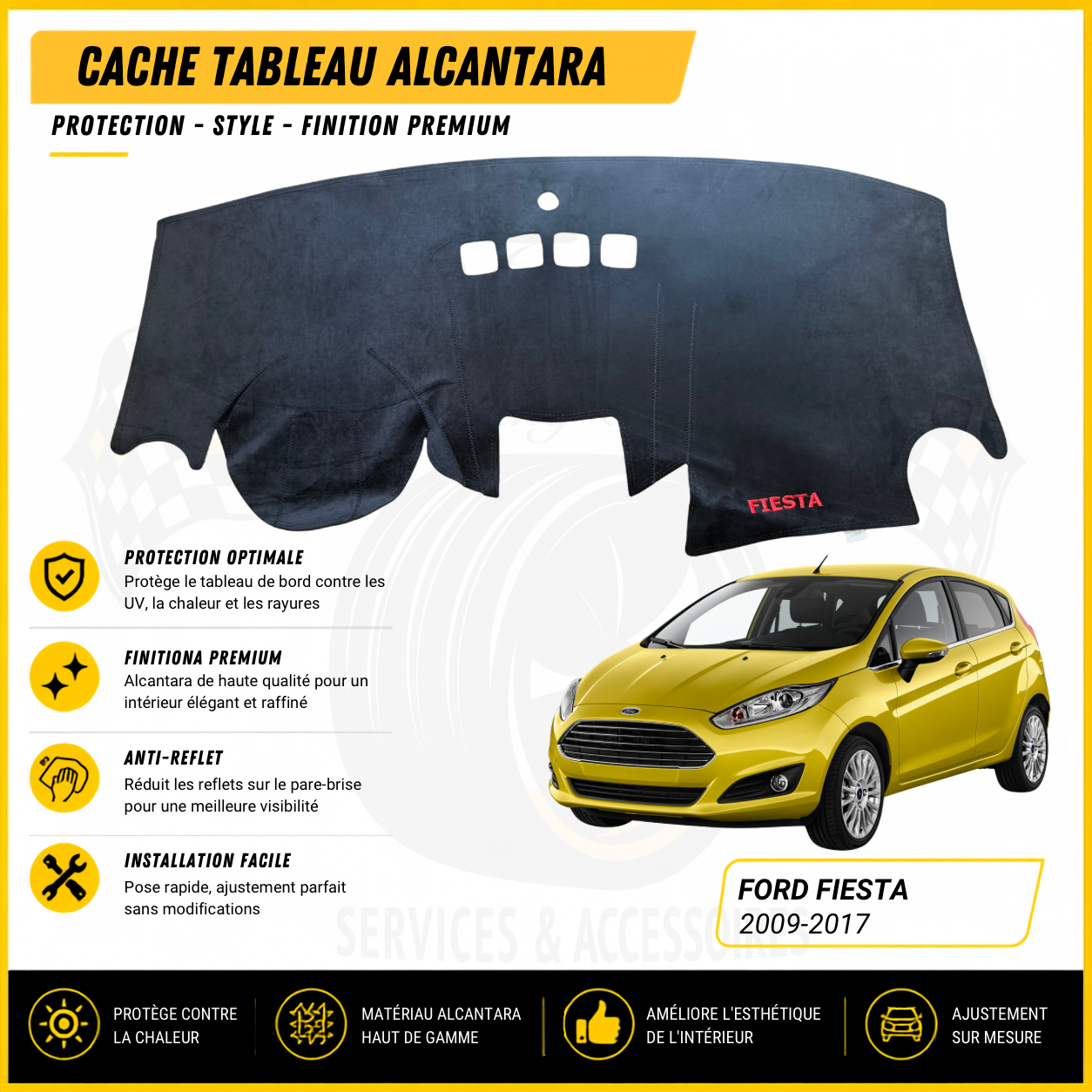 Cache tableau de bord Alcantara sur mesure Ford Fiesta 2009-2017