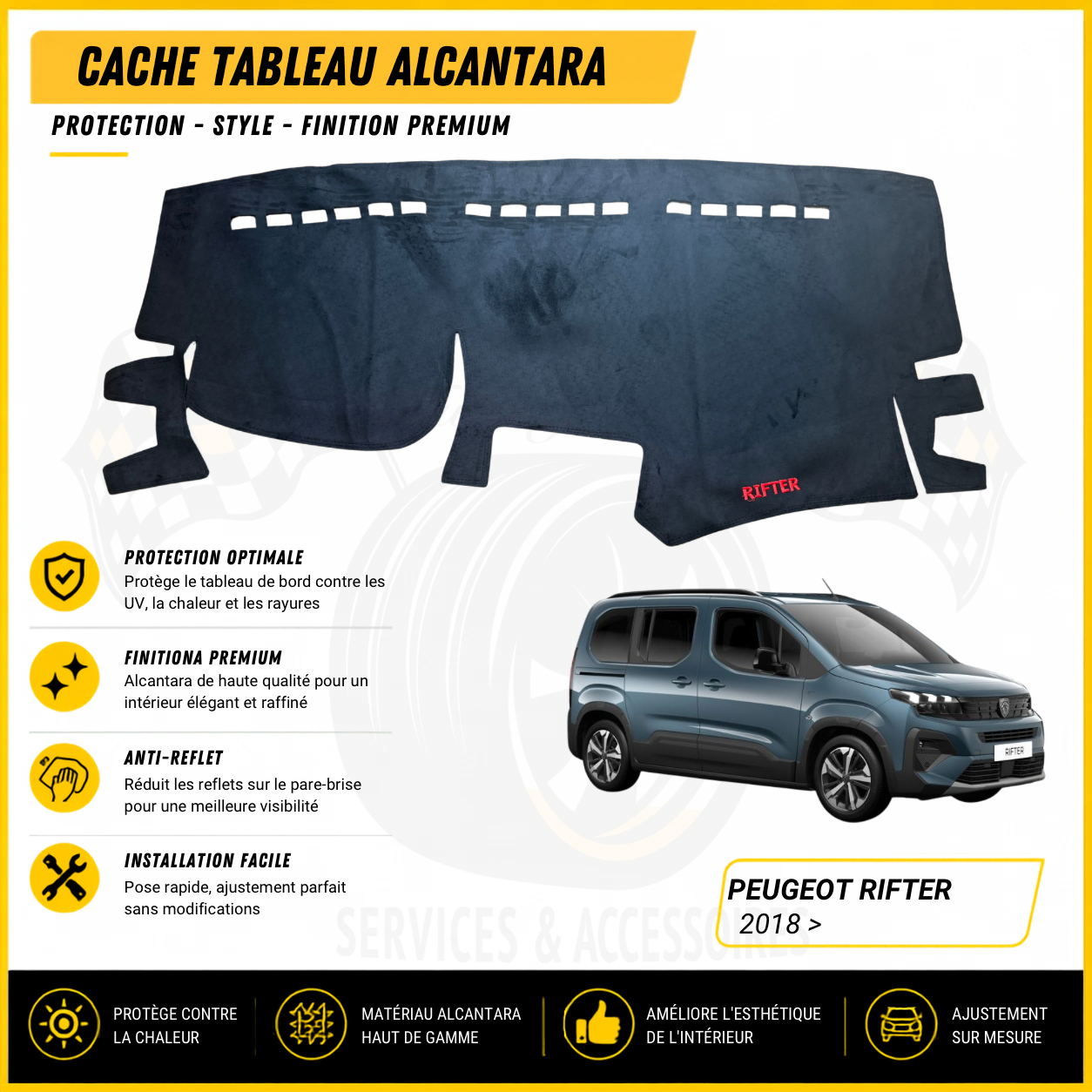 Cache tableau Alcantara sur mesure Peugeot Rifter 2018 et plus