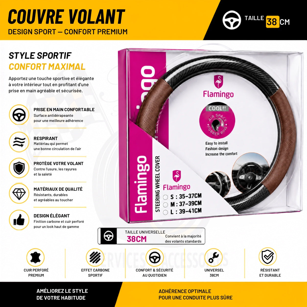 Couvre volant Flamingo marron et effet carbone 38 cm