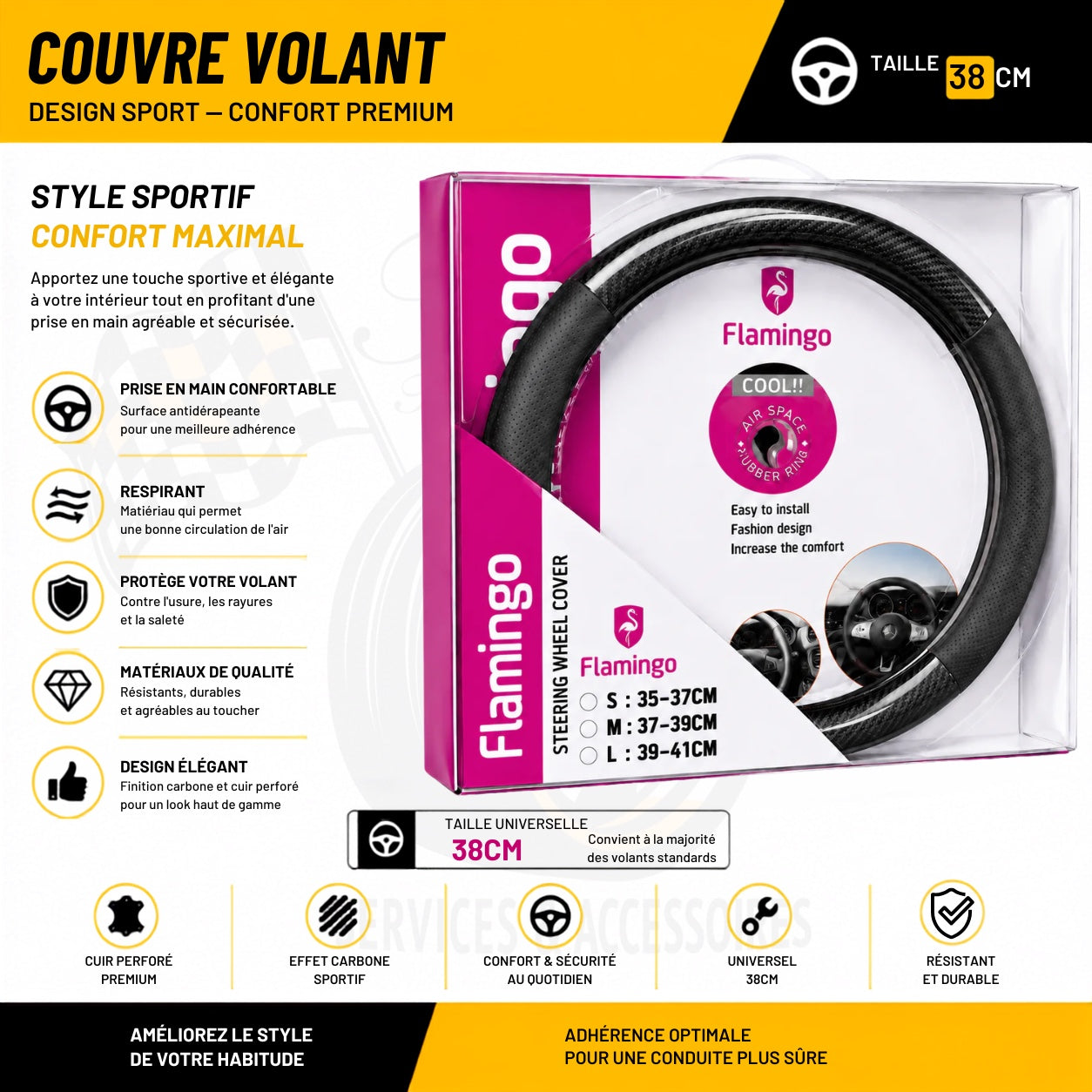 Couvre volant Flamingo noir et effet carbone 38 cm