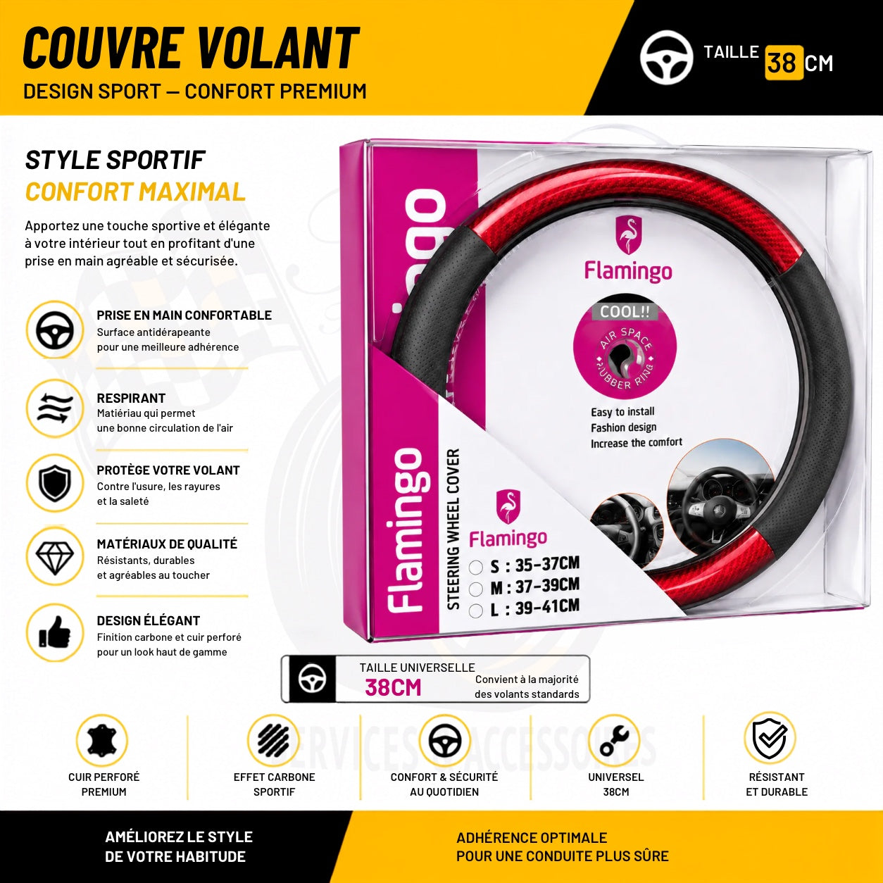 Couvre volant Flamingo rouge effet carbone 38 cm