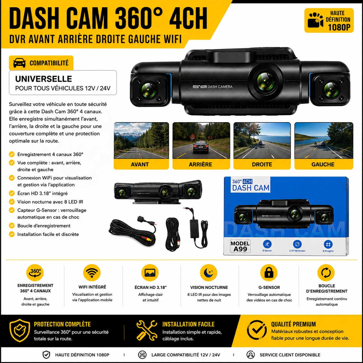 Dash Cam 360° 4CH WiFi A99 avec caméra avant arrière droite gauche