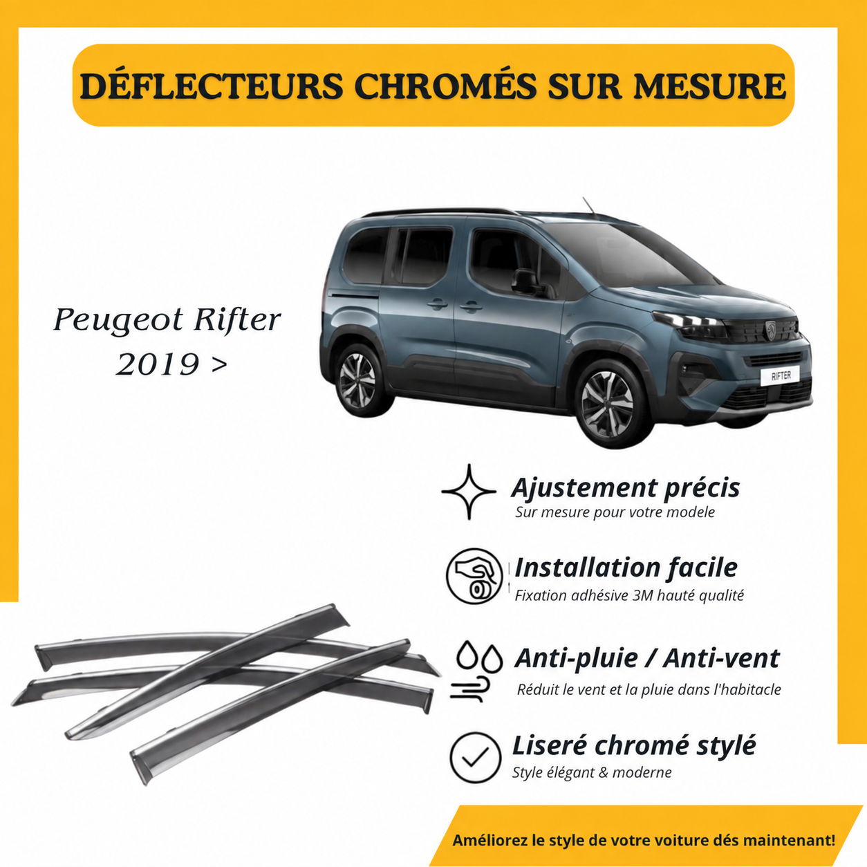Déflecteurs chromés sur mesure Peugeot Rifter 2019 >