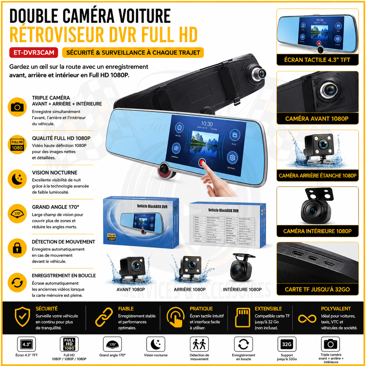 Rétroviseur DVR Full HD avec trois caméras