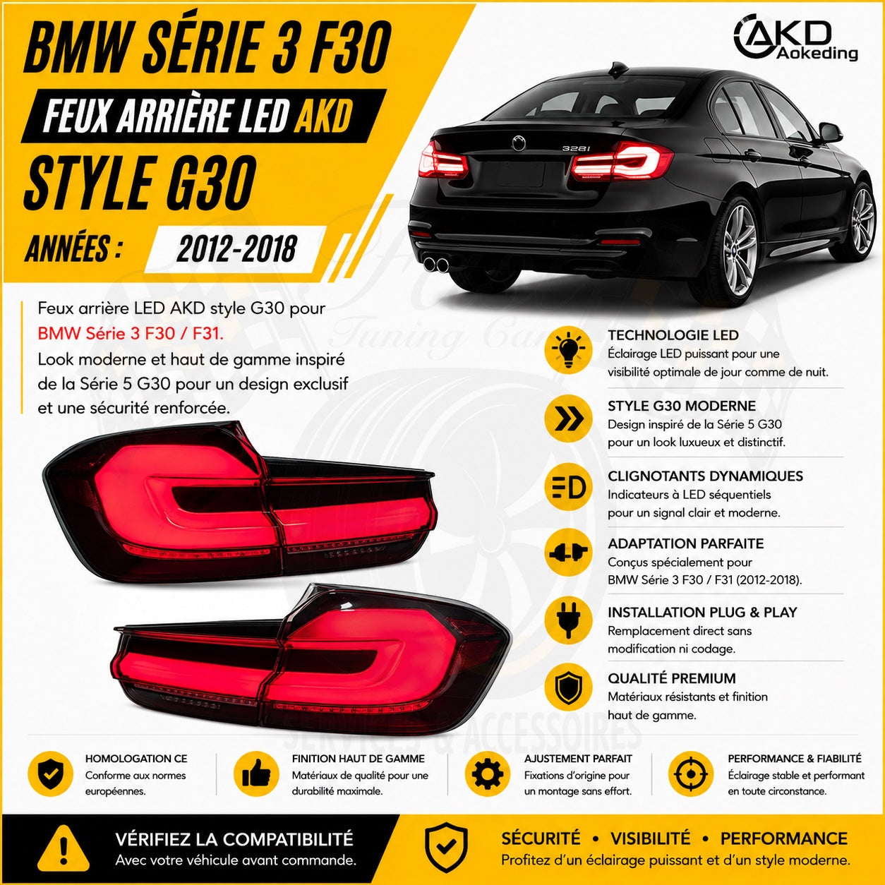 Feux arrière LED AKD style G30 BMW Série 3 F30 F31 2012-2018