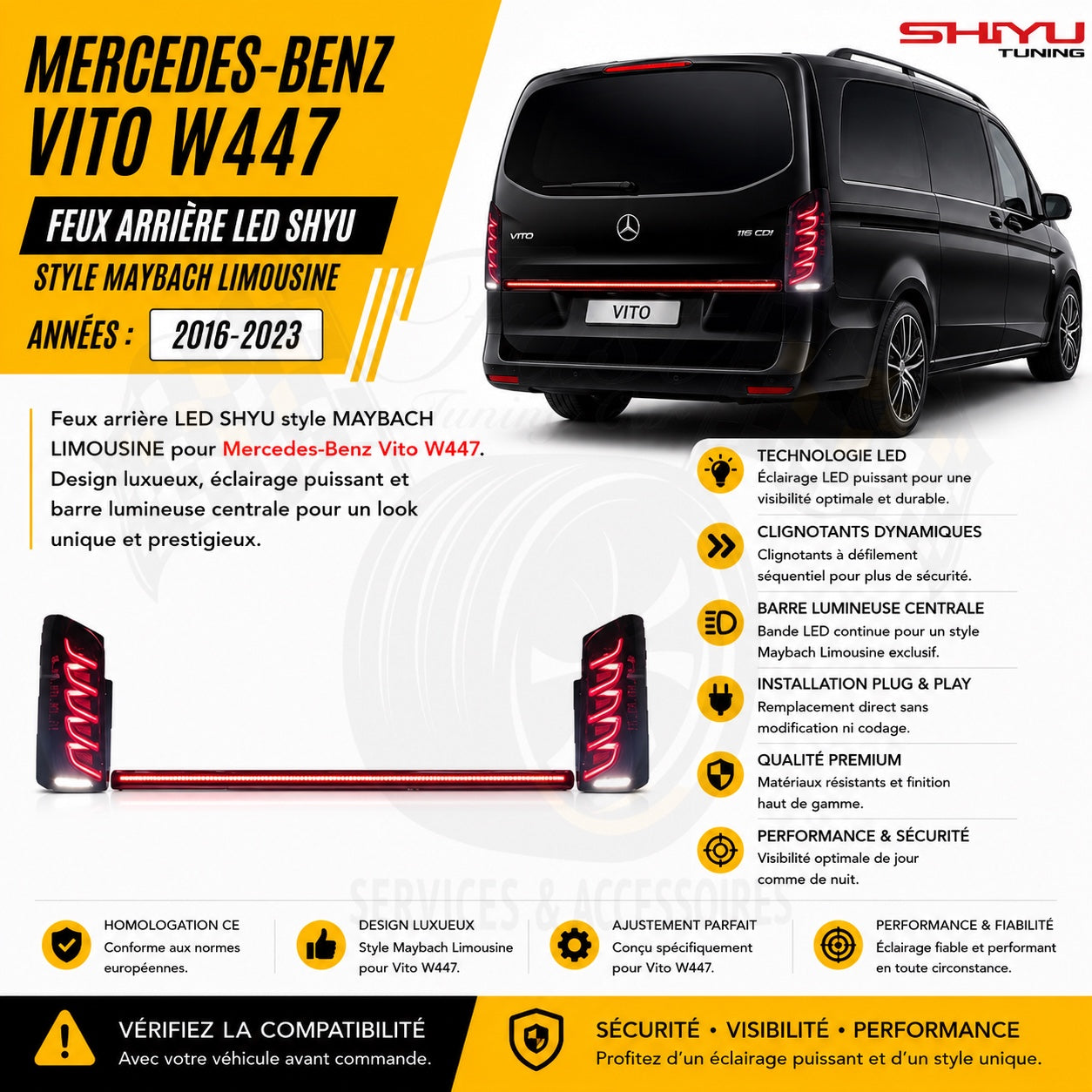 Feux arrière LED SHYU style Maybach Limousine Mercedes-Benz Vito W447 2016-2023