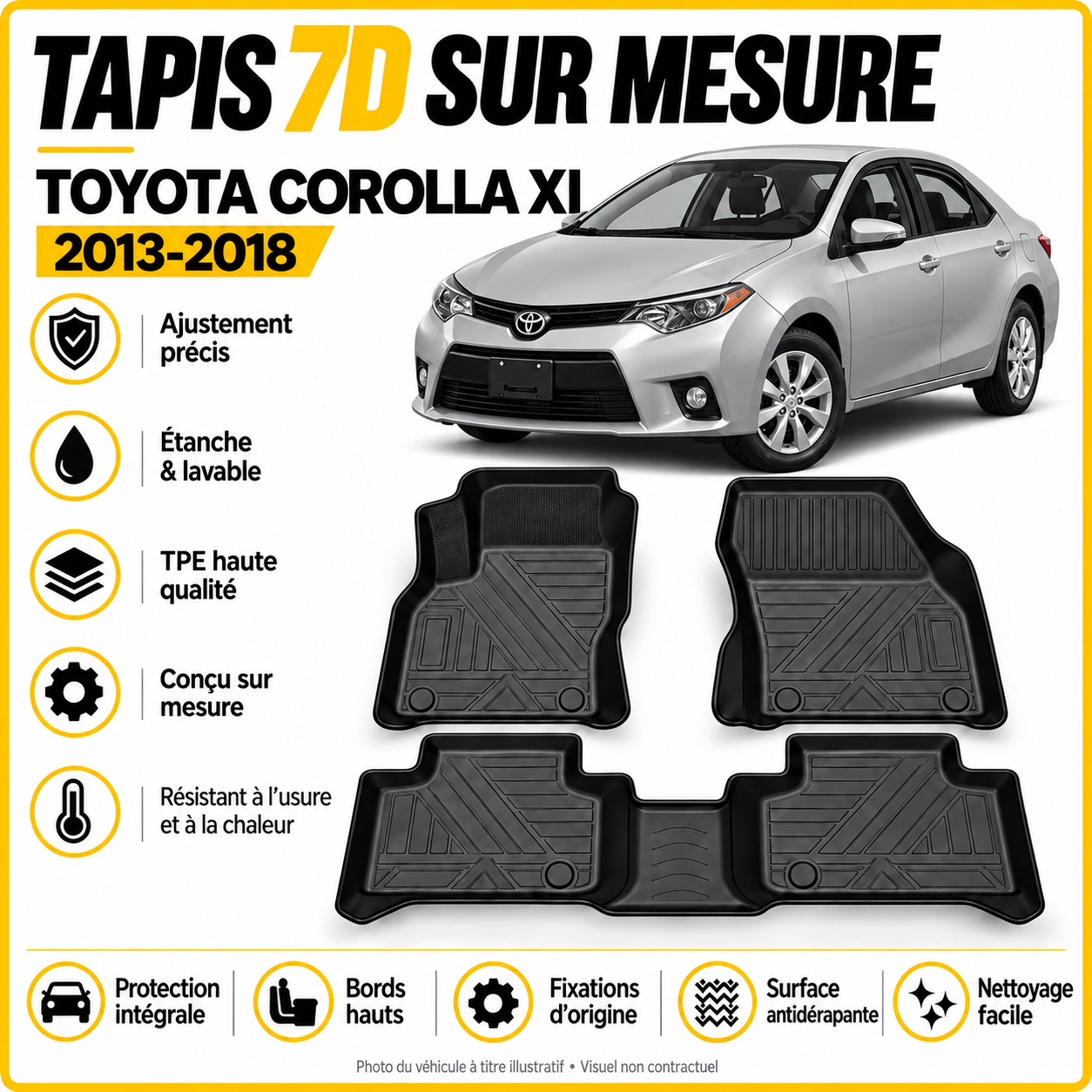 Tapis 7D sur mesure Toyota Corolla XI 2013–2018