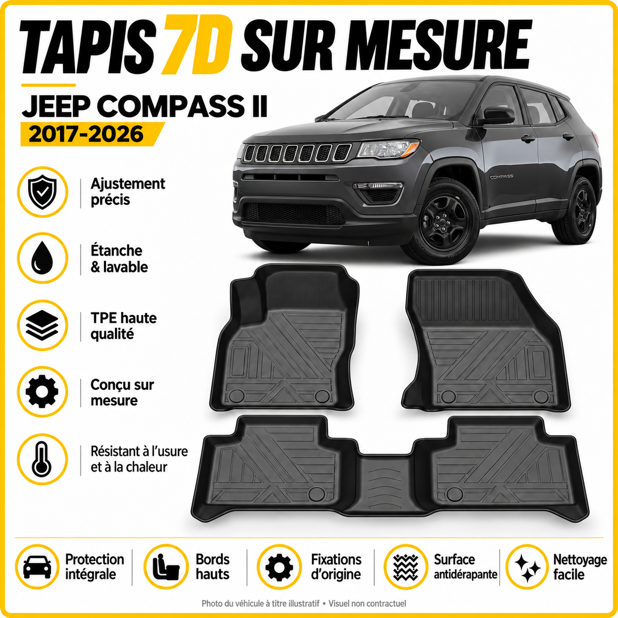 Tapis 7D sur mesure Jeep Compass II 2017-2026