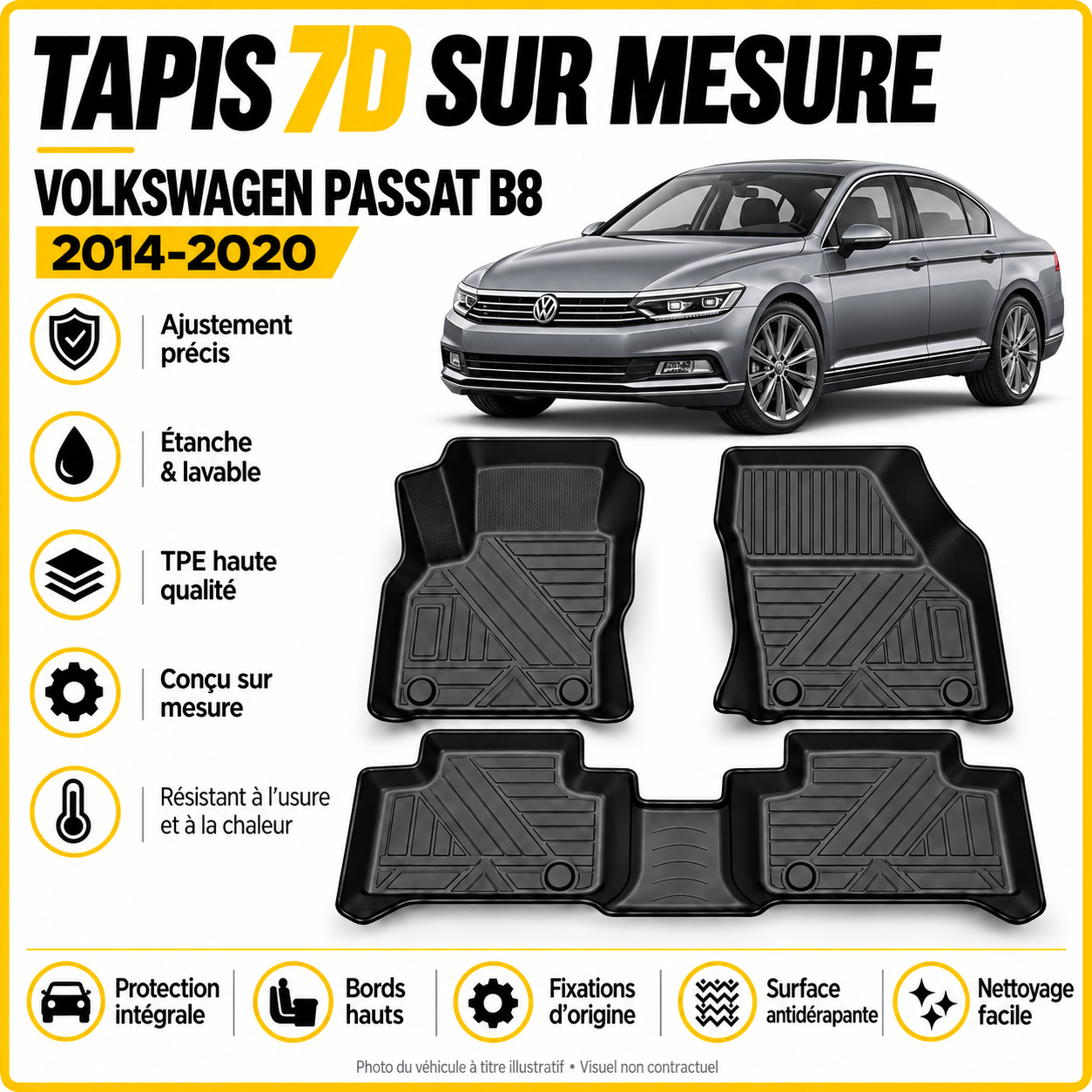 Tapis 7D sur mesure Volkswagen Passat B8 2014–2020