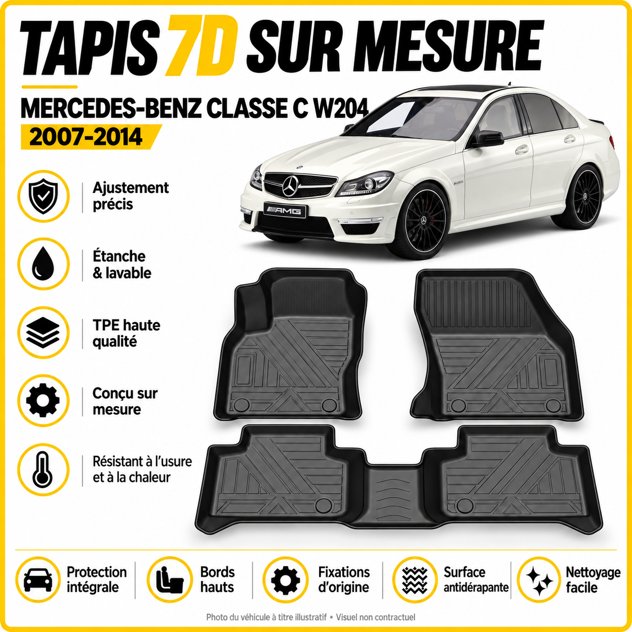 Tapis 7D sur mesure Mercedes-Benz Classe C W204 2007-2014