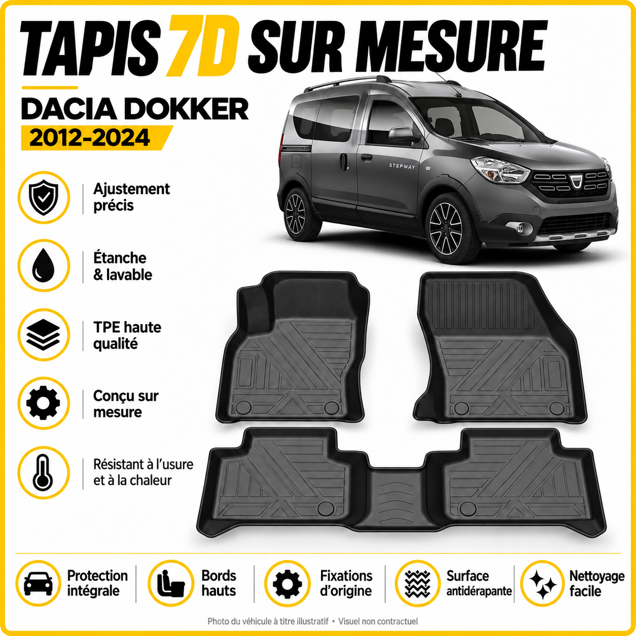 Tapis 7D sur mesure Dacia Dokker 2012-2024