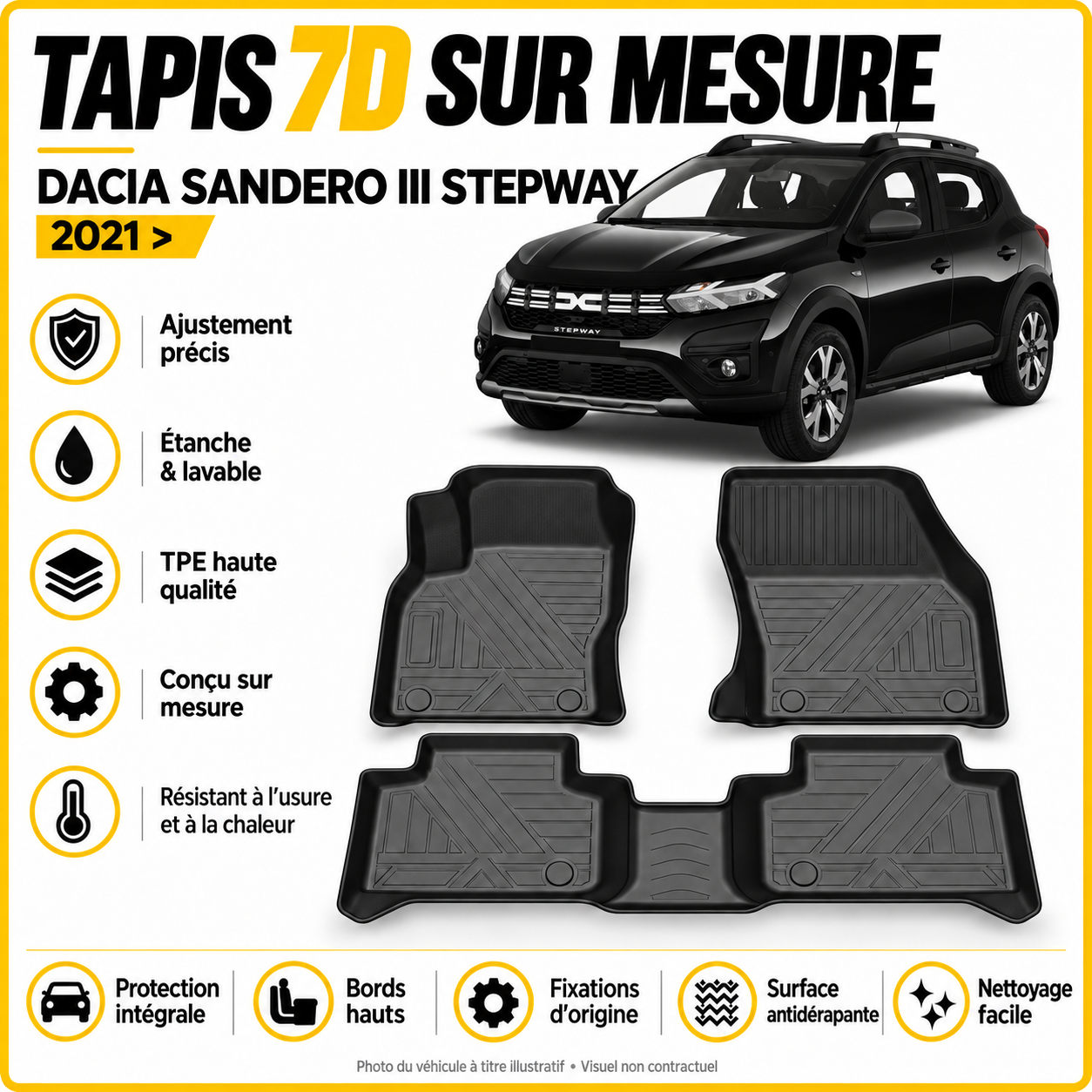 Tapis 7D sur mesure Dacia Sandero III Stepway 2021 >