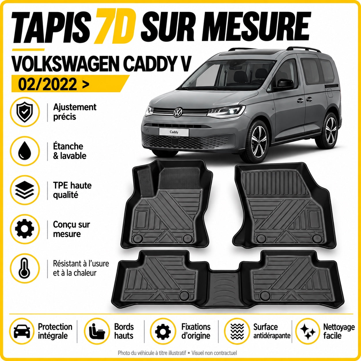 Tapis 7D sur mesure Volkswagen Caddy V depuis 02/2022 - charte Touran