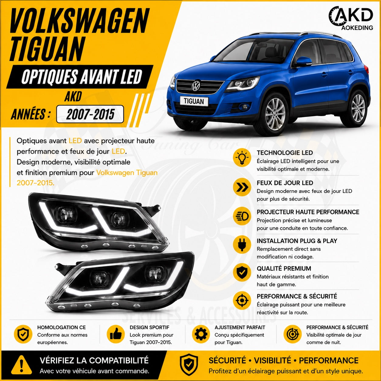 Optiques avant LED AKD Volkswagen Tiguan 2007-2015