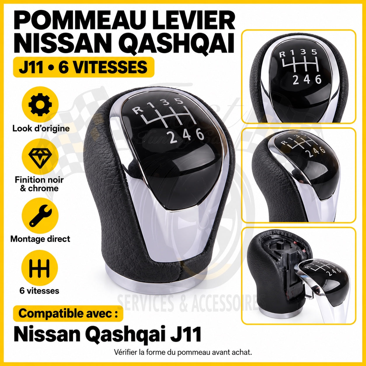 Pommeau de vitesse Nissan Qashqai J11 6 vitesses noir et chrome