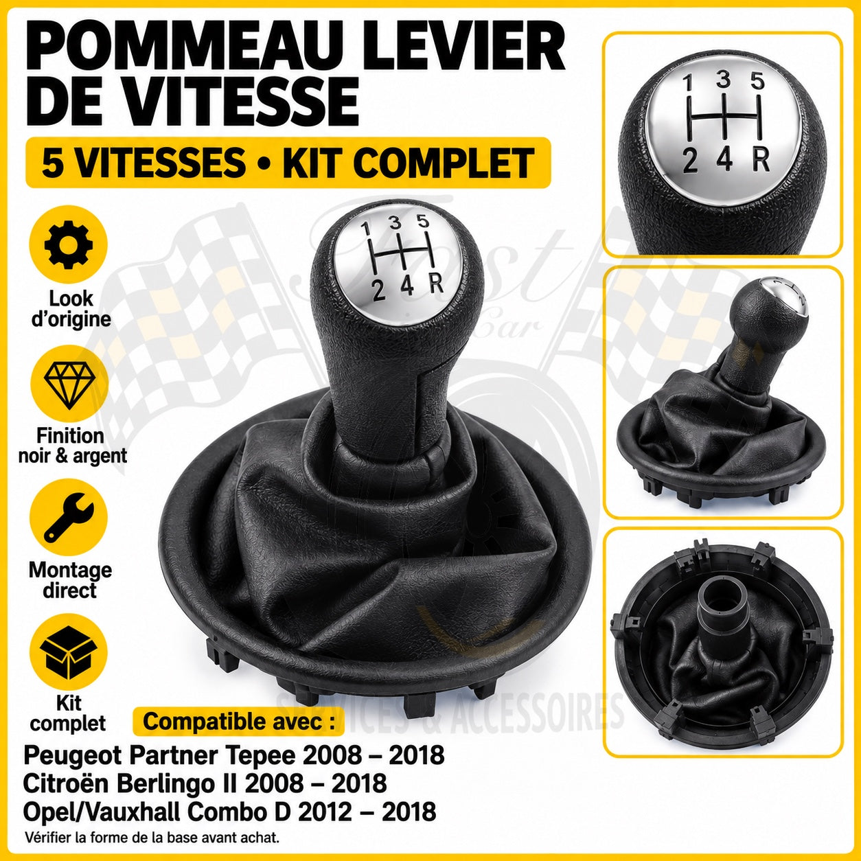 Pommeau de vitesse complet Peugeot Partner Tepee Citroën Berlingo II Opel Combo D 5 vitesses