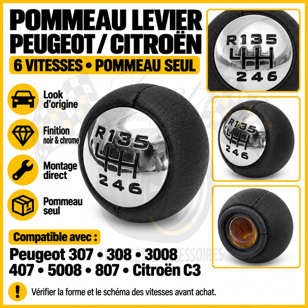 Pommeau de vitesse 6 vitesses Peugeot 307 308 I 3008 I 407 5008 I Citroën C3 II